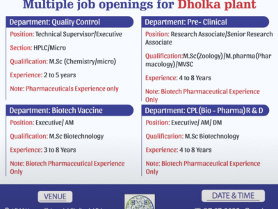 Multiple job openings for Dholka plant